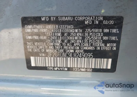 2020 Subaru Crosstrek Hybrid z USA, uszkodzony, nr VIN JF2GTDNC9LH249095